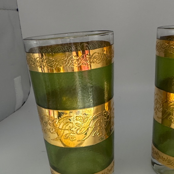 MCM Style Green and Gold Decal/Scroll Highball Glasses - Picture 2 of 6